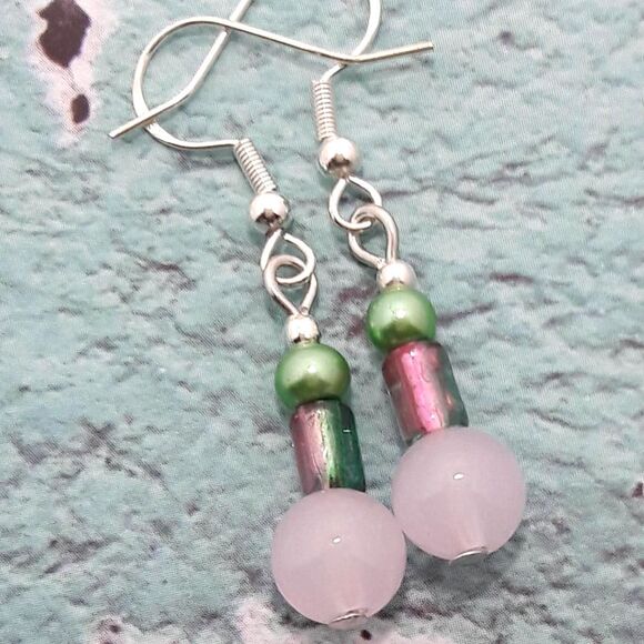Boho Earrings 403# Petite Pink boho hippie dangle earrings OOAK silver earrings - Picture 2 of 5